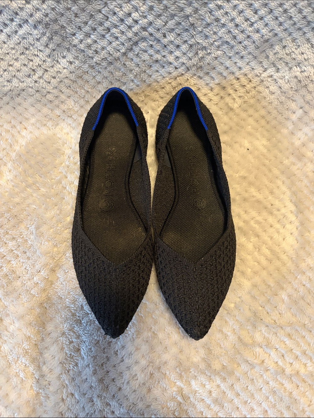 Rothy's Black Knit Pointed Flats with Blue Accent